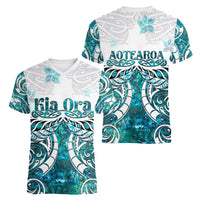New Zealand Aotearoa Kia Ora Women V Neck T Shirt Paua Shell Maori Silver Fern LT05 - Polynesian Pride