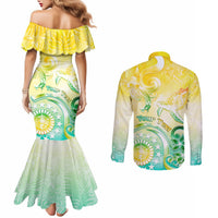 Personalised Cook Islands Kia Orana Couples Matching Mermaid Dress and Long Sleeve Button Shirt Polynesian Turtle With Circle Stars LT05 - Polynesian Pride