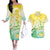 Personalised Cook Islands Kia Orana Couples Matching Off The Shoulder Long Sleeve Dress and Hawaiian Shirt Polynesian Turtle With Circle Stars LT05 Yellow - Polynesian Pride