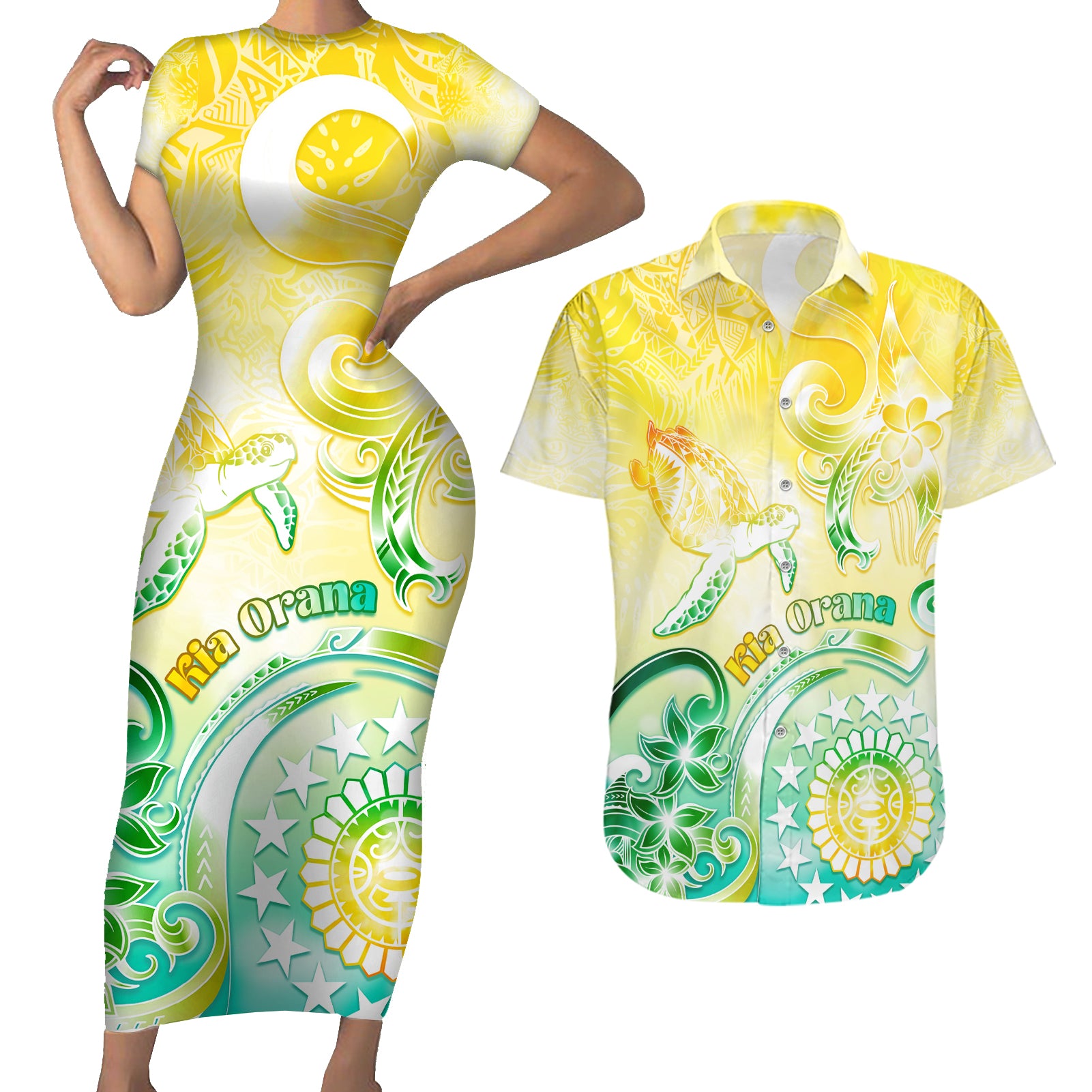 Personalised Cook Islands Kia Orana Couples Matching Short Sleeve Bodycon Dress and Hawaiian Shirt Polynesian Turtle With Circle Stars LT05 Yellow - Polynesian Pride