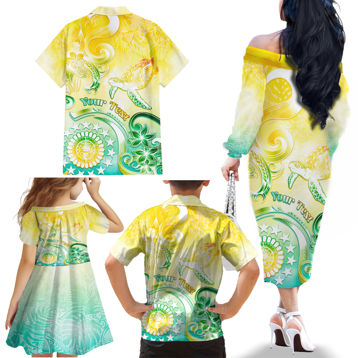 Personalised Cook Islands Kia Orana Family Matching Off Shoulder Long Sleeve Dress and Hawaiian Shirt Polynesian Turtle With Circle Stars LT05 - Polynesian Pride