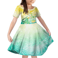 Personalised Cook Islands Kia Orana Kid Short Sleeve Dress Polynesian Turtle With Circle Stars LT05 KID Yellow - Polynesian Pride