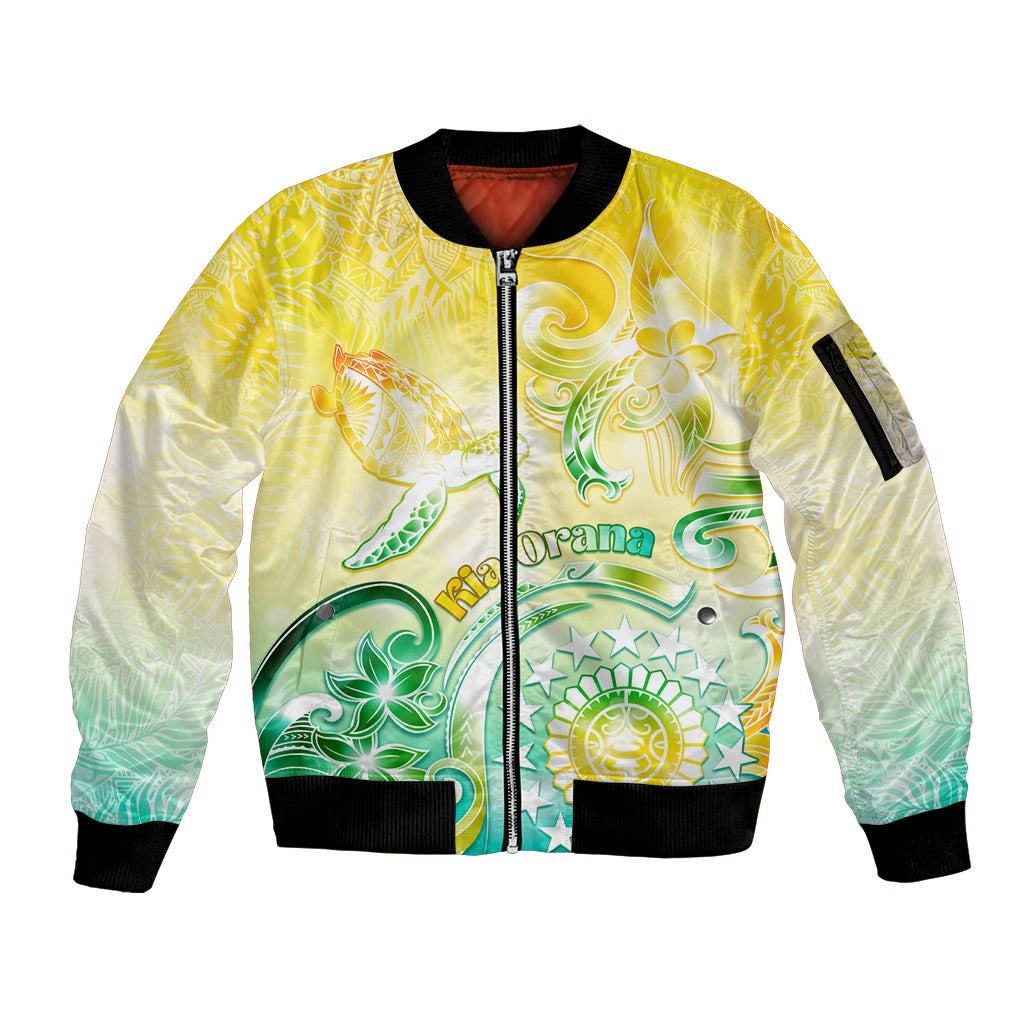Personalised Cook Islands Kia Orana Sleeve Zip Bomber Jacket Polynesian Turtle With Circle Stars LT05 Unisex Yellow - Polynesian Pride