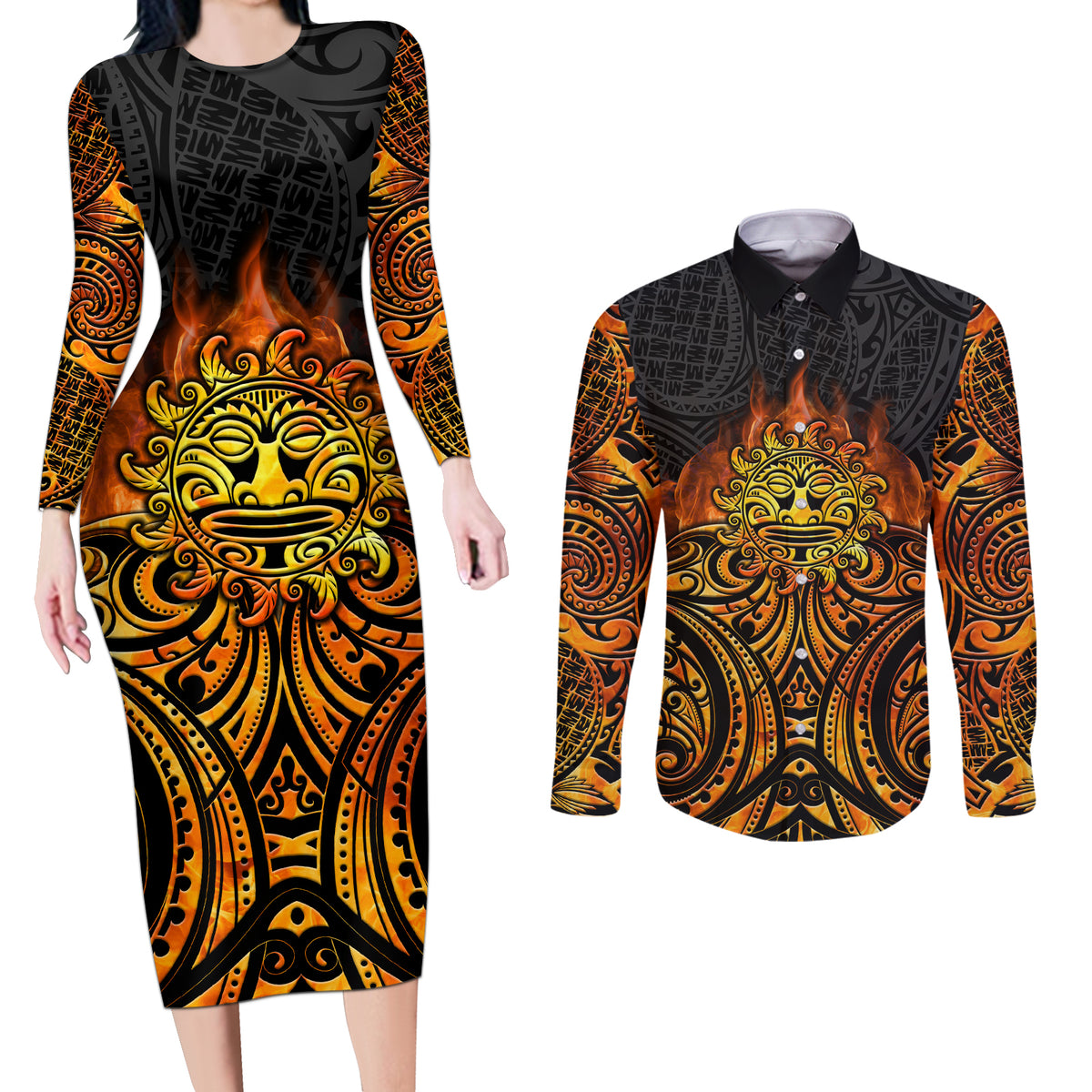 New Zealand Tamanuitera The Sun Couples Matching Long Sleeve Bodycon Dress and Long Sleeve Button Shirt Maori Pattern LT05 Orange - Polynesian Pride