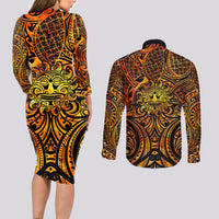 New Zealand Tamanuitera The Sun Couples Matching Long Sleeve Bodycon Dress and Long Sleeve Button Shirt Maori Pattern LT05 - Polynesian Pride