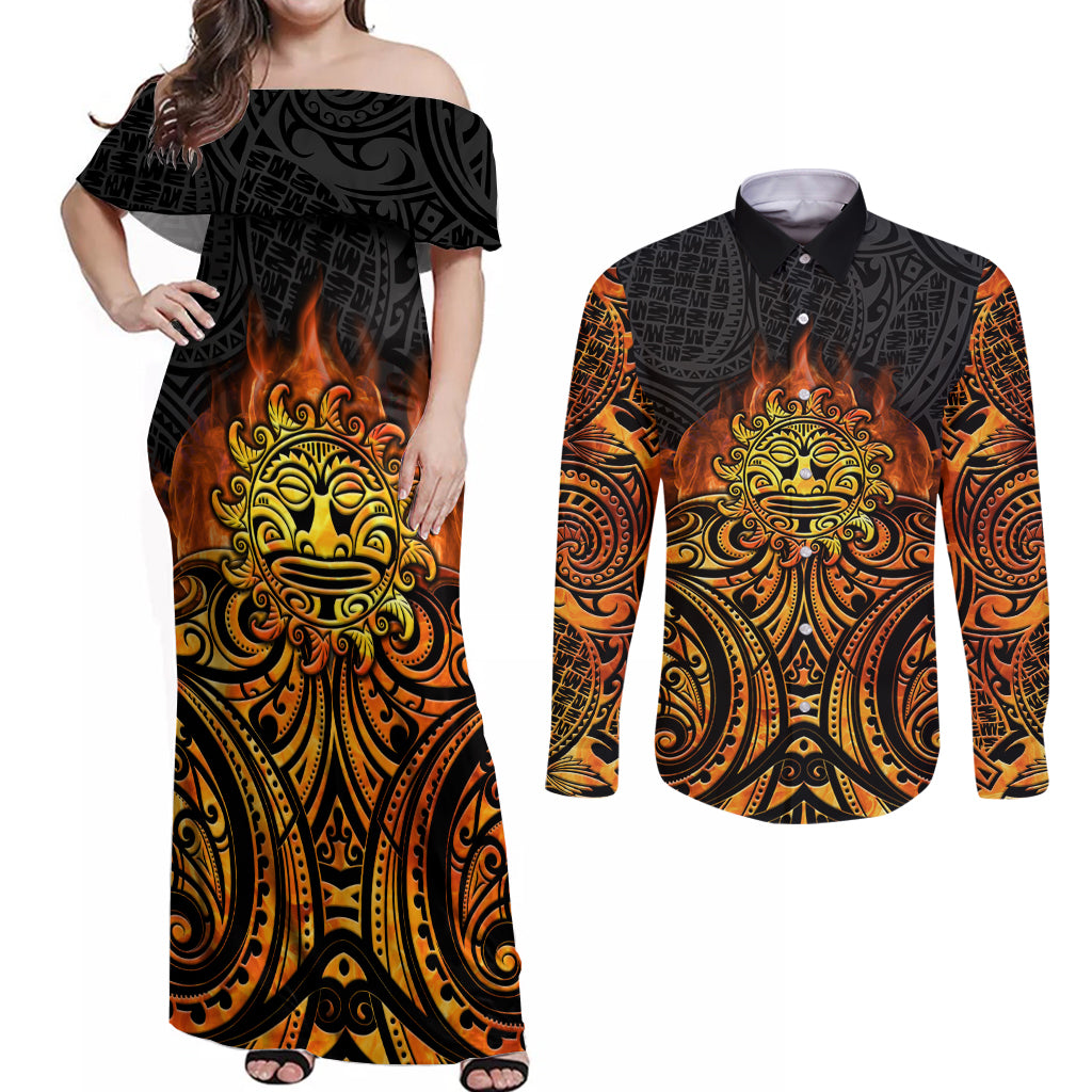 New Zealand Tamanuitera The Sun Couples Matching Off Shoulder Maxi Dress and Long Sleeve Button Shirt Maori Pattern LT05 Orange - Polynesian Pride