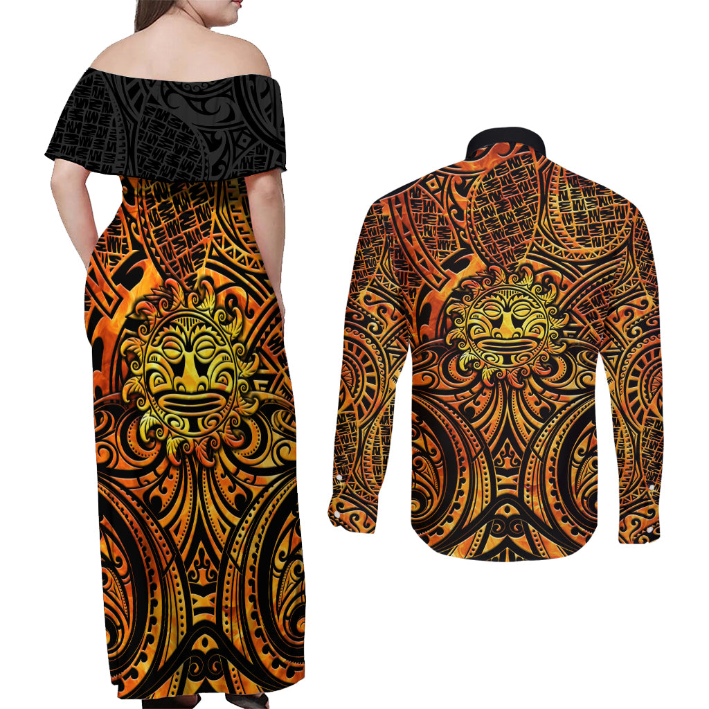 New Zealand Tamanuitera The Sun Couples Matching Off Shoulder Maxi Dress and Long Sleeve Button Shirt Maori Pattern LT05 - Polynesian Pride