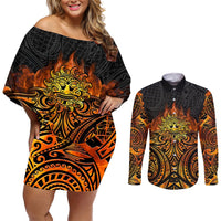 New Zealand Tamanuitera The Sun Couples Matching Off Shoulder Short Dress and Long Sleeve Button Shirt Maori Pattern LT05 Orange - Polynesian Pride