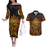 New Zealand Tamanuitera The Sun Couples Matching Off The Shoulder Long Sleeve Dress and Hawaiian Shirt Maori Pattern