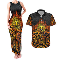 New Zealand Tamanuitera The Sun Couples Matching Tank Maxi Dress and Hawaiian Shirt Maori Pattern LT05 Orange - Polynesian Pride