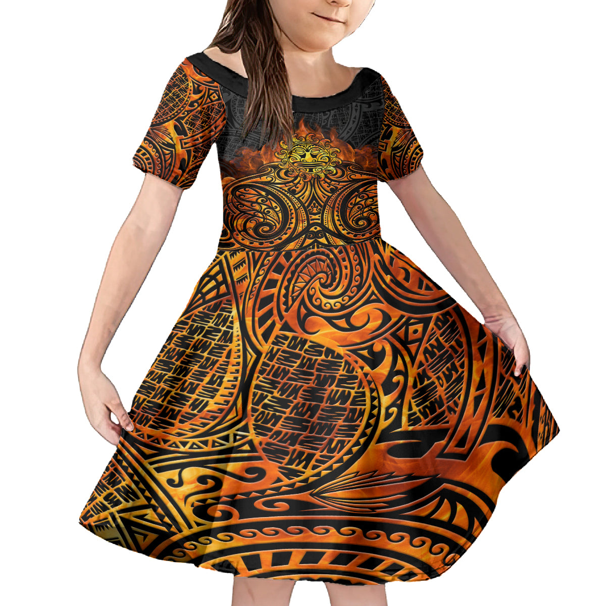 New Zealand Tamanuitera The Sun Family Matching Long Sleeve Bodycon Dress and Hawaiian Shirt Maori Pattern LT05 Daughter's Dress Orange - Polynesian Pride
