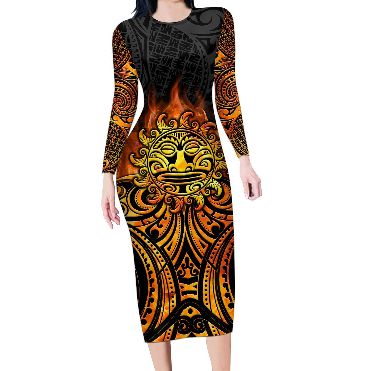 New Zealand Tamanuitera The Sun Family Matching Long Sleeve Bodycon Dress and Hawaiian Shirt Maori Pattern LT05 Mom's Dress Orange - Polynesian Pride