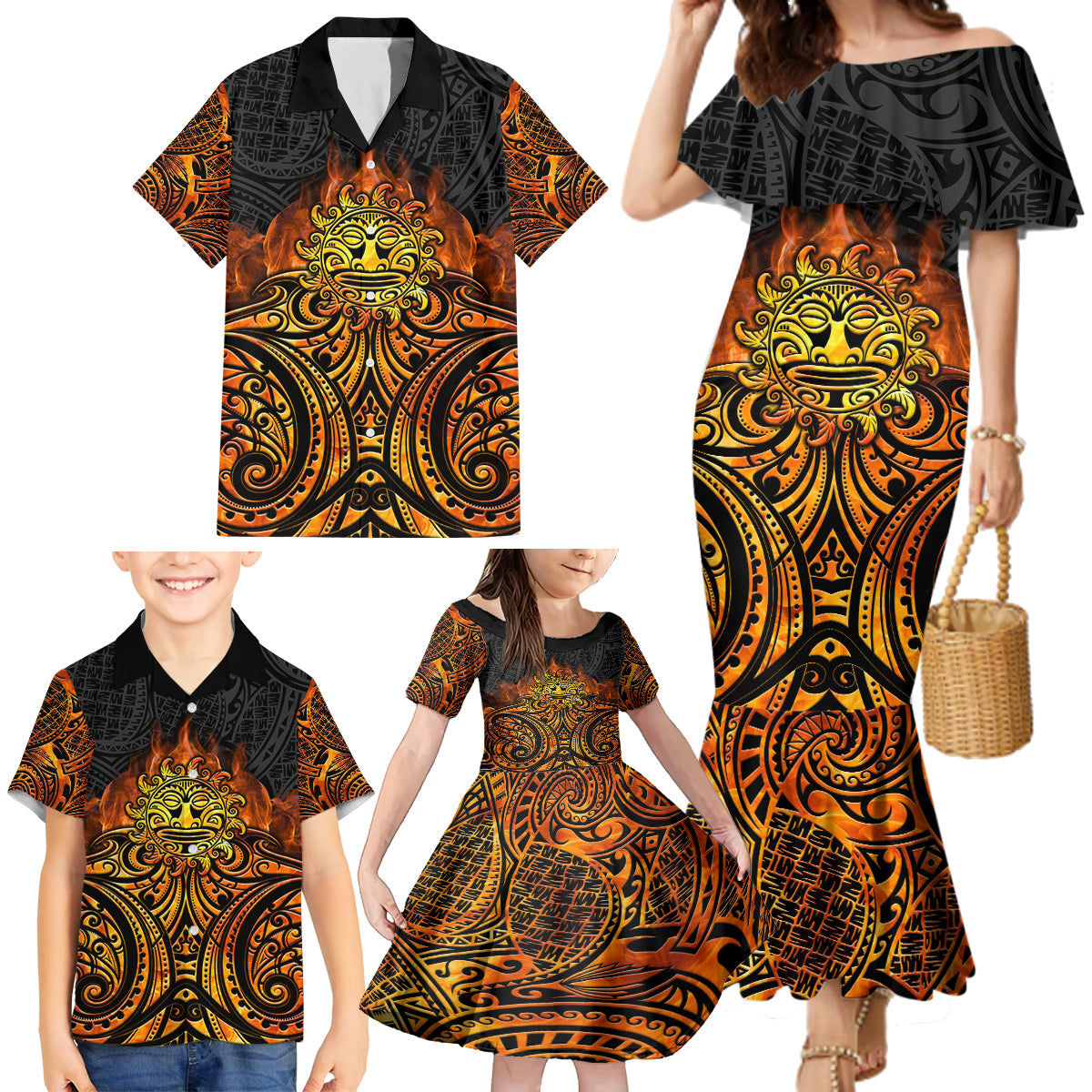 New Zealand Tamanuitera The Sun Family Matching Mermaid Dress and Hawaiian Shirt Maori Pattern LT05 - Polynesian Pride