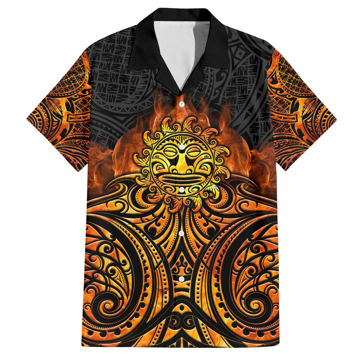 New Zealand Tamanuitera The Sun Family Matching Off Shoulder Maxi Dress and Hawaiian Shirt Maori Pattern LT05 Dad's Shirt - Short Sleeve Orange - Polynesian Pride