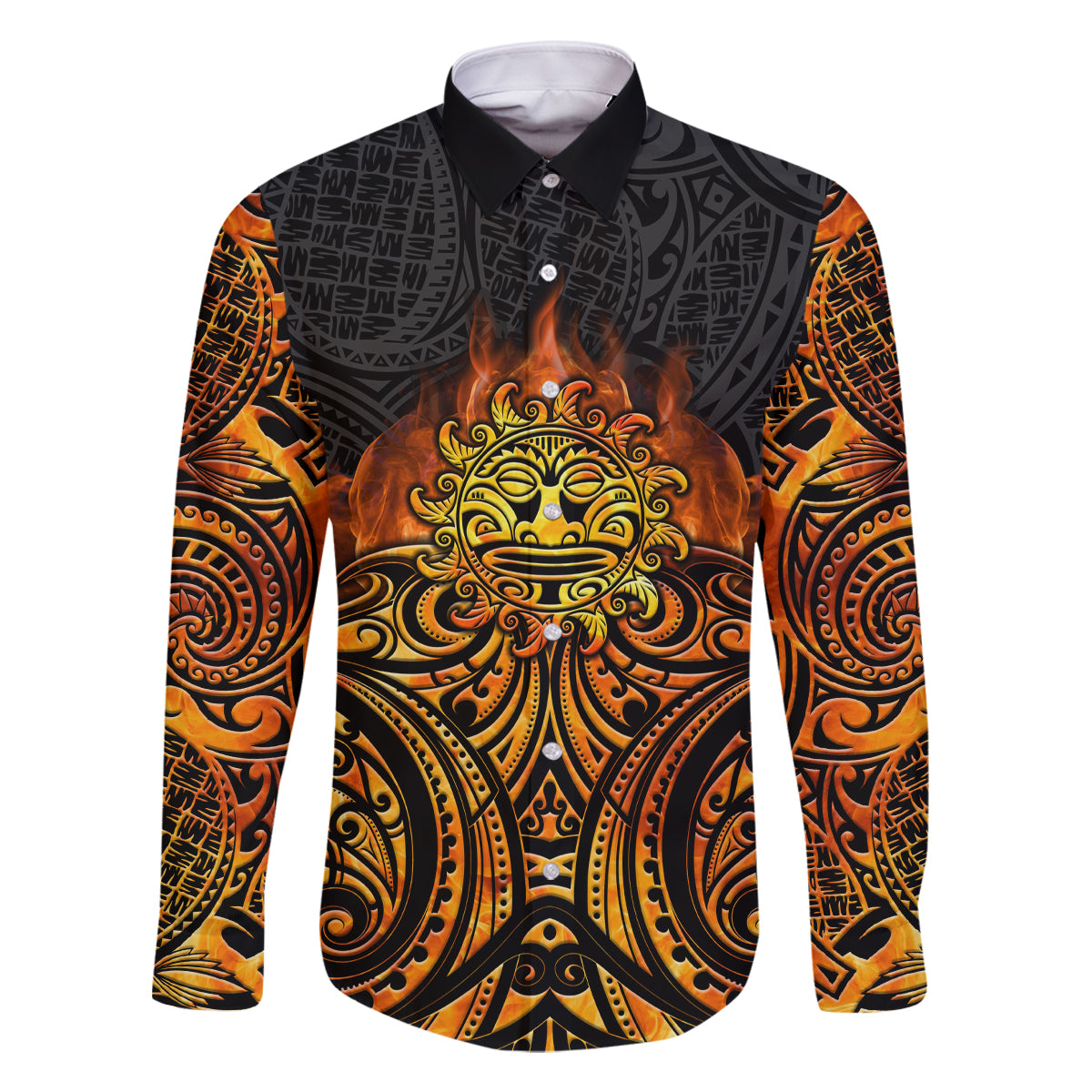 New Zealand Tamanuitera The Sun Family Matching Off Shoulder Maxi Dress and Hawaiian Shirt Maori Pattern LT05 Dad's Shirt - Long Sleeve Orange - Polynesian Pride