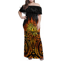 New Zealand Tamanuitera The Sun Family Matching Off Shoulder Maxi Dress and Hawaiian Shirt Maori Pattern LT05 Mom's Dress Orange - Polynesian Pride