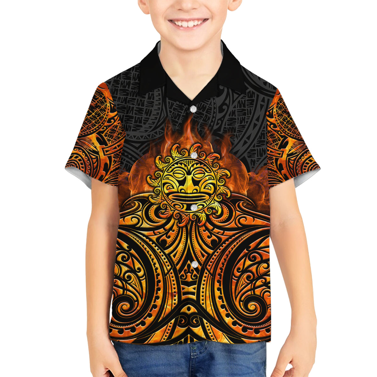 New Zealand Tamanuitera The Sun Family Matching Off Shoulder Maxi Dress and Hawaiian Shirt Maori Pattern LT05 Son's Shirt Orange - Polynesian Pride