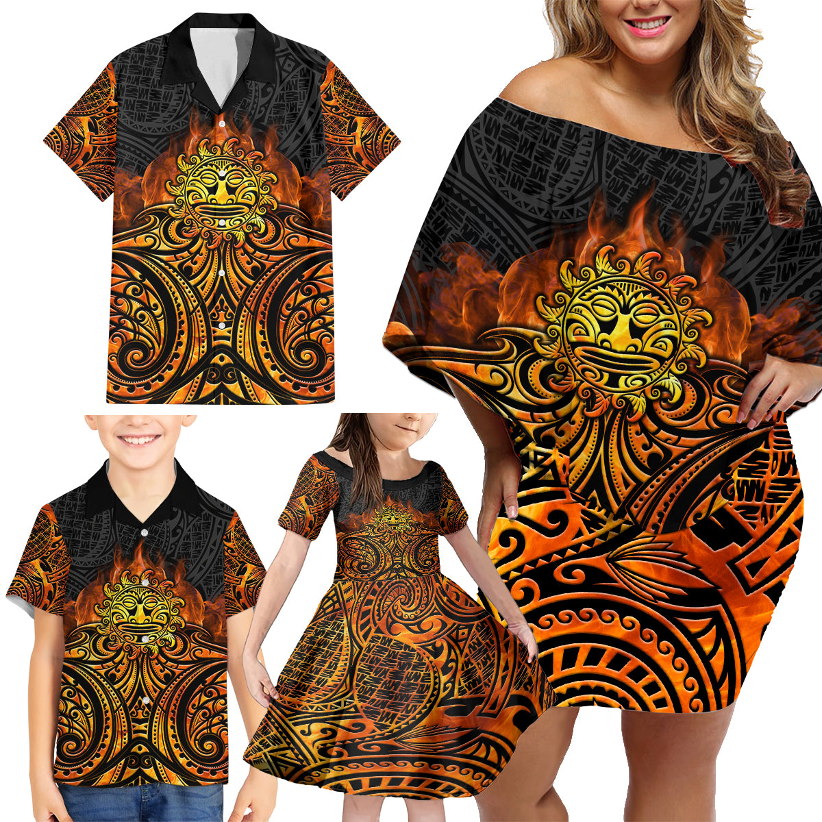 New Zealand Tamanuitera The Sun Family Matching Off Shoulder Short Dress and Hawaiian Shirt Maori Pattern LT05 - Polynesian Pride