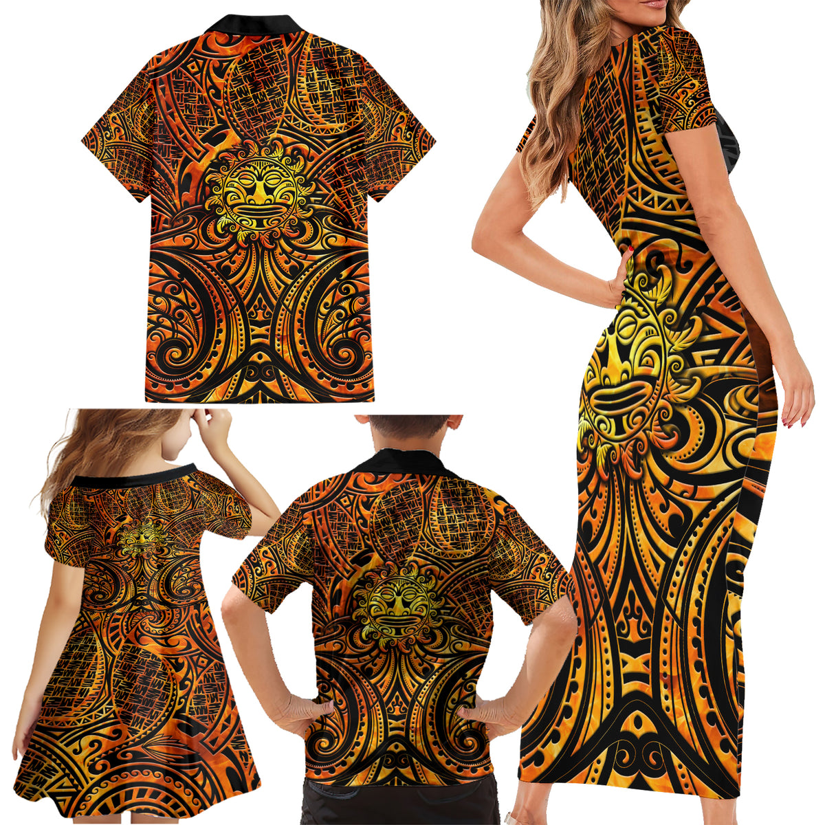 New Zealand Tamanuitera The Sun Family Matching Short Sleeve Bodycon Dress and Hawaiian Shirt Maori Pattern LT05 - Polynesian Pride