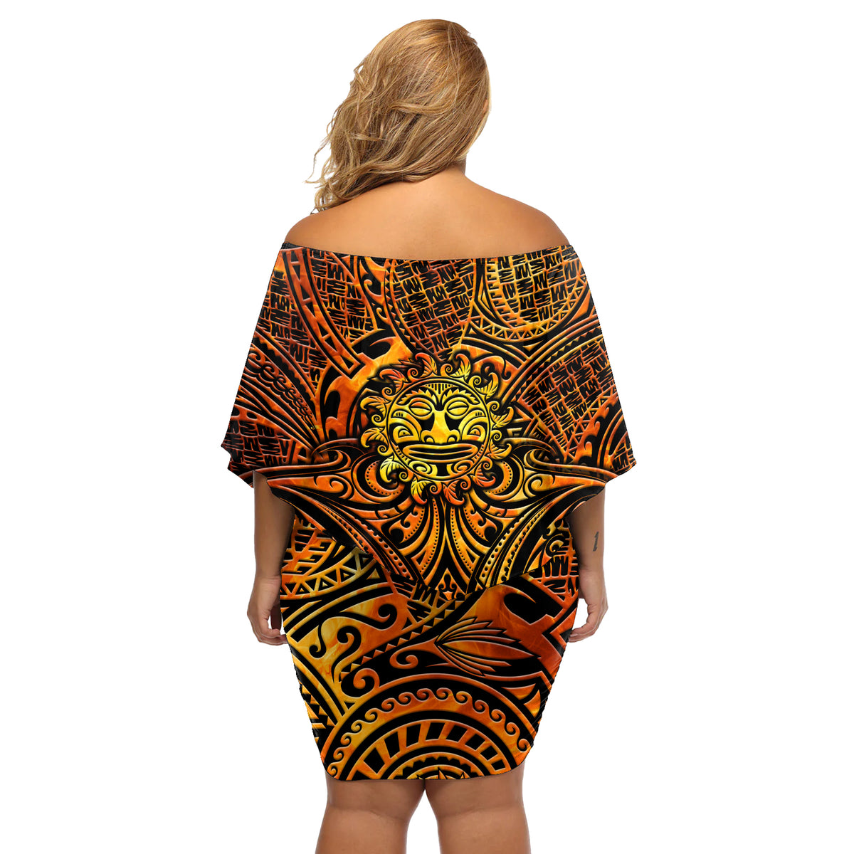 New Zealand Tamanuitera The Sun Off Shoulder Short Dress Maori Pattern