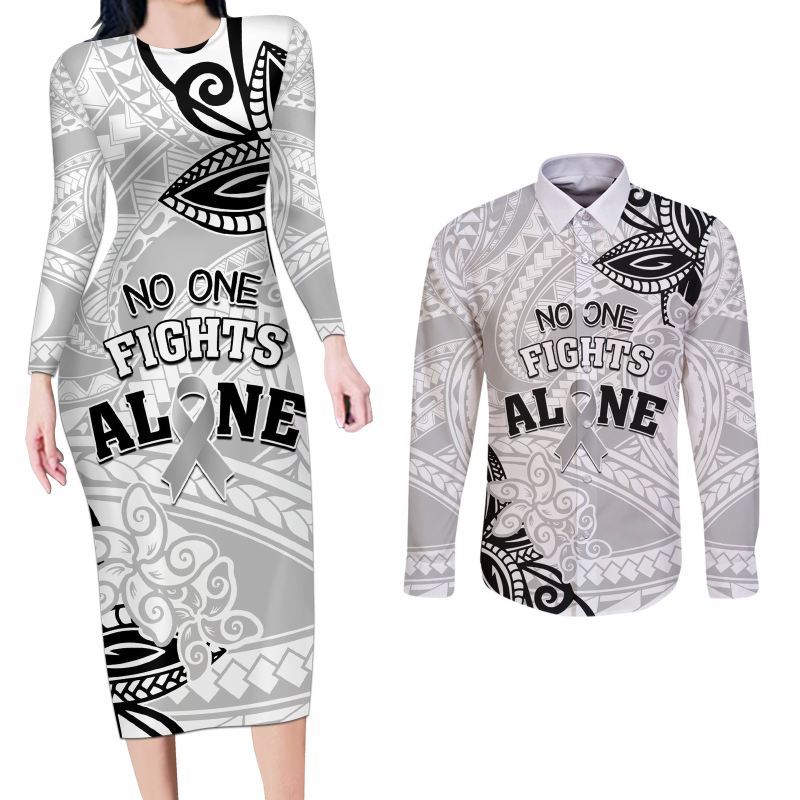 Personalised Polynesia Brain Cancer Couples Matching Long Sleeve Bodycon Dress and Long Sleeve Button Shirt No One Fights Alone LT05 White - Polynesian Pride
