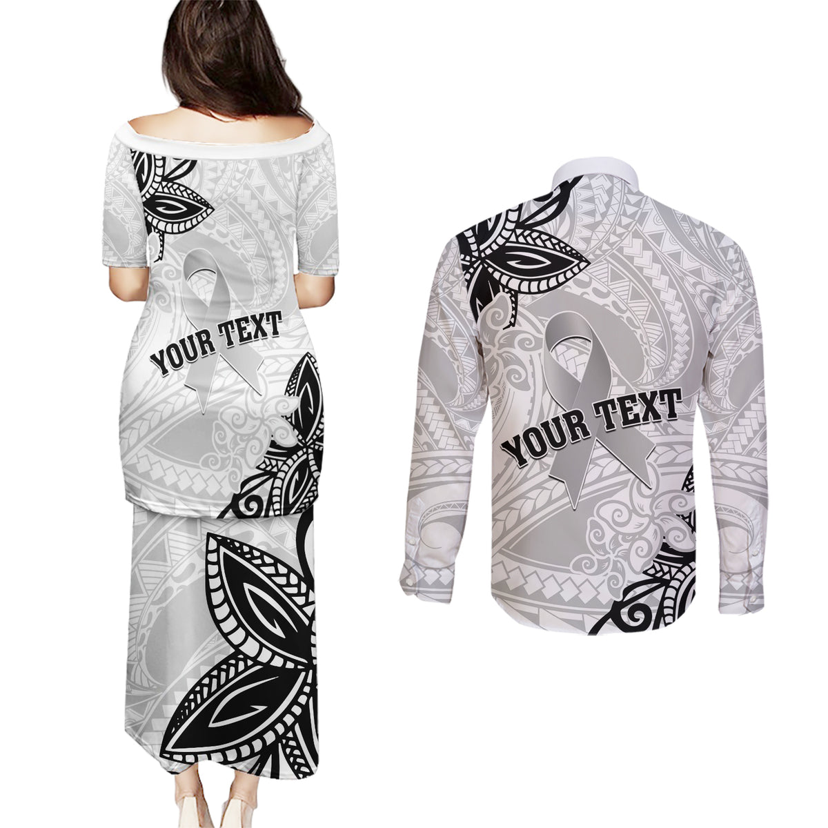 Personalised Polynesia Brain Cancer Couples Matching Puletasi and Long Sleeve Button Shirt No One Fights Alone