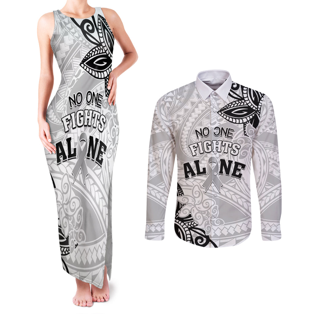 Personalised Polynesia Brain Cancer Couples Matching Tank Maxi Dress and Long Sleeve Button Shirt No One Fights Alone LT05 White - Polynesian Pride