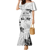 Personalised Polynesia Brain Cancer Family Matching Mermaid Dress and Hawaiian Shirt No One Fights Alone LT05 Mom's Dress White - Polynesian Pride