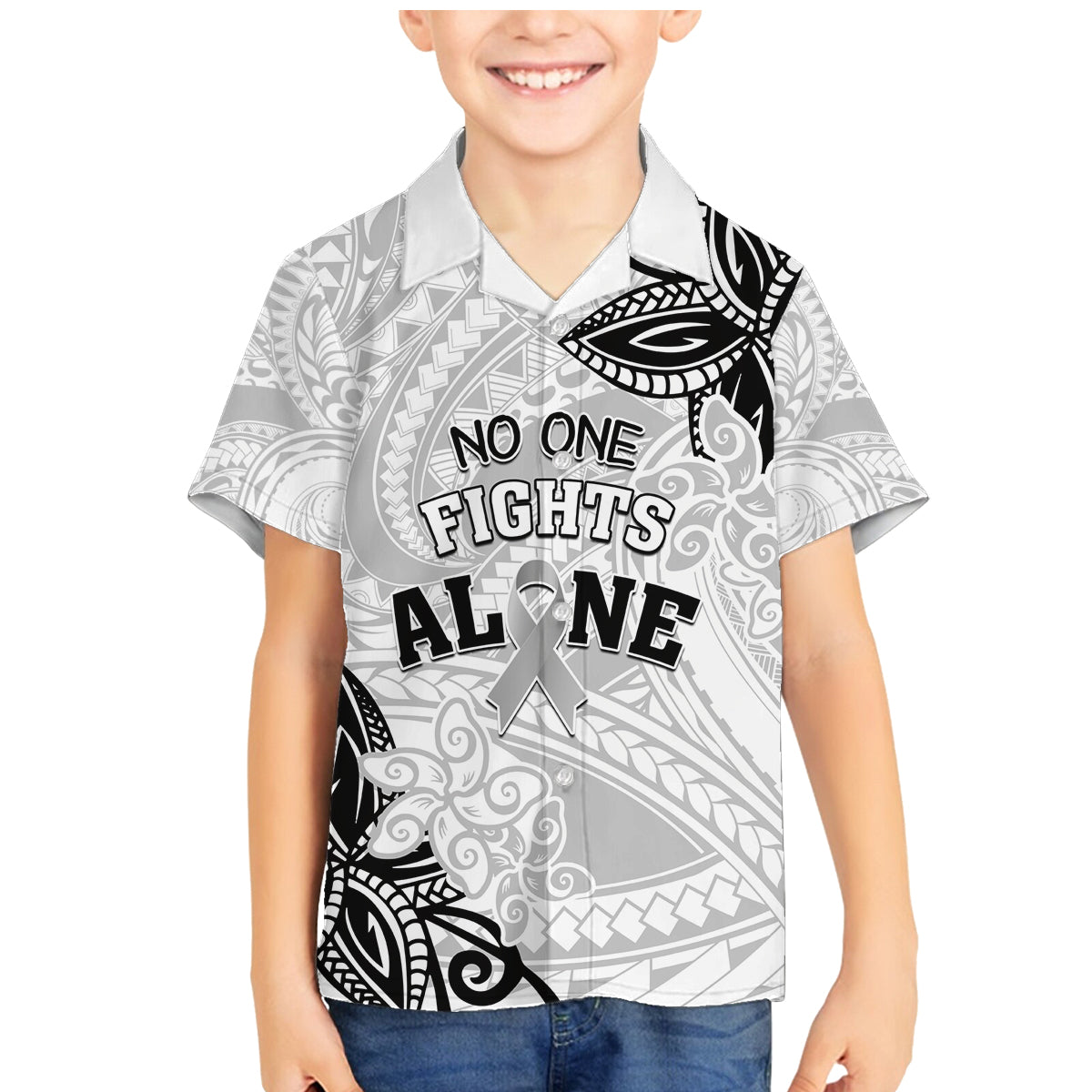 Personalised Polynesia Brain Cancer Family Matching Mermaid Dress and Hawaiian Shirt No One Fights Alone LT05 Son's Shirt White - Polynesian Pride