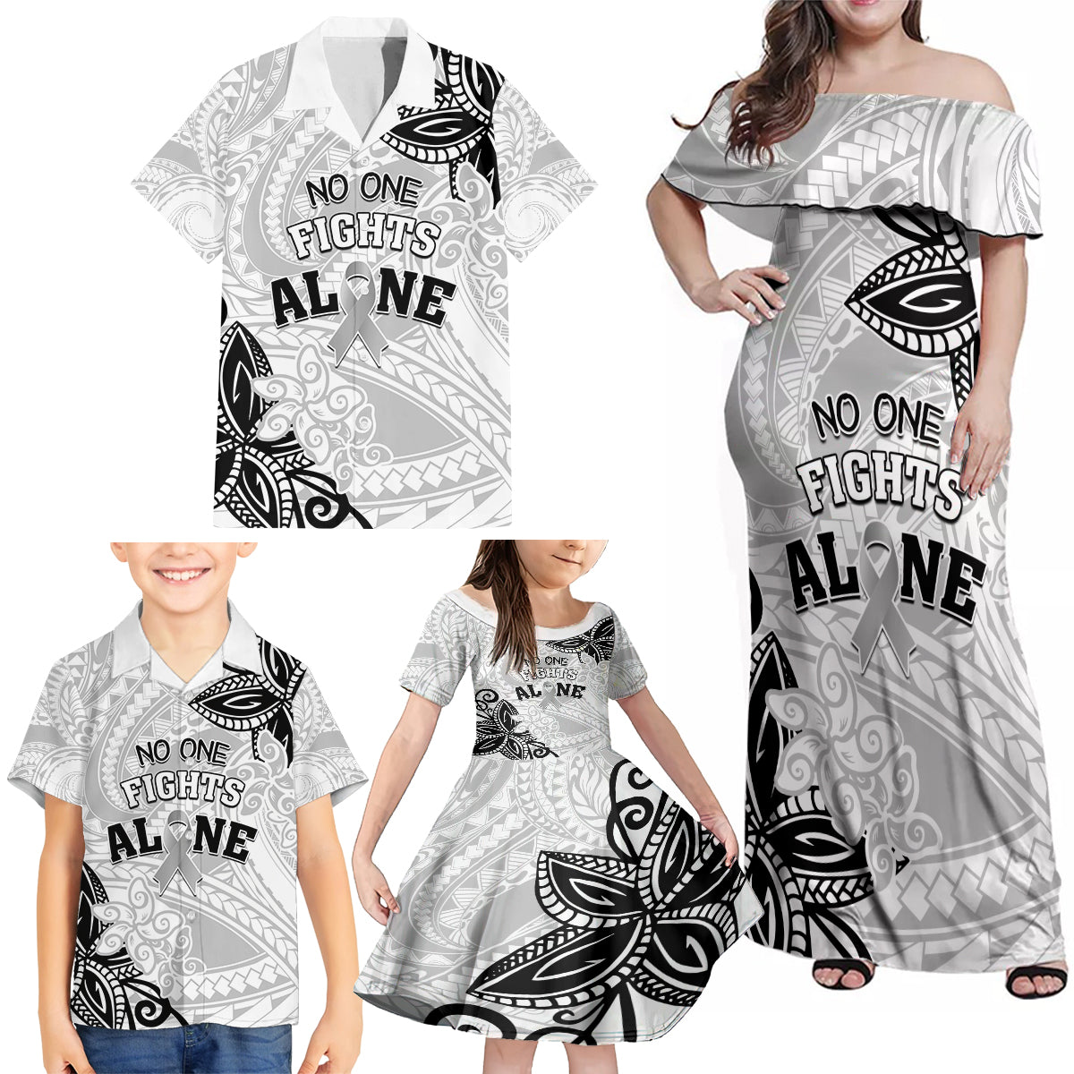 Personalised Polynesia Brain Cancer Family Matching Off Shoulder Maxi Dress and Hawaiian Shirt No One Fights Alone LT05 - Polynesian Pride