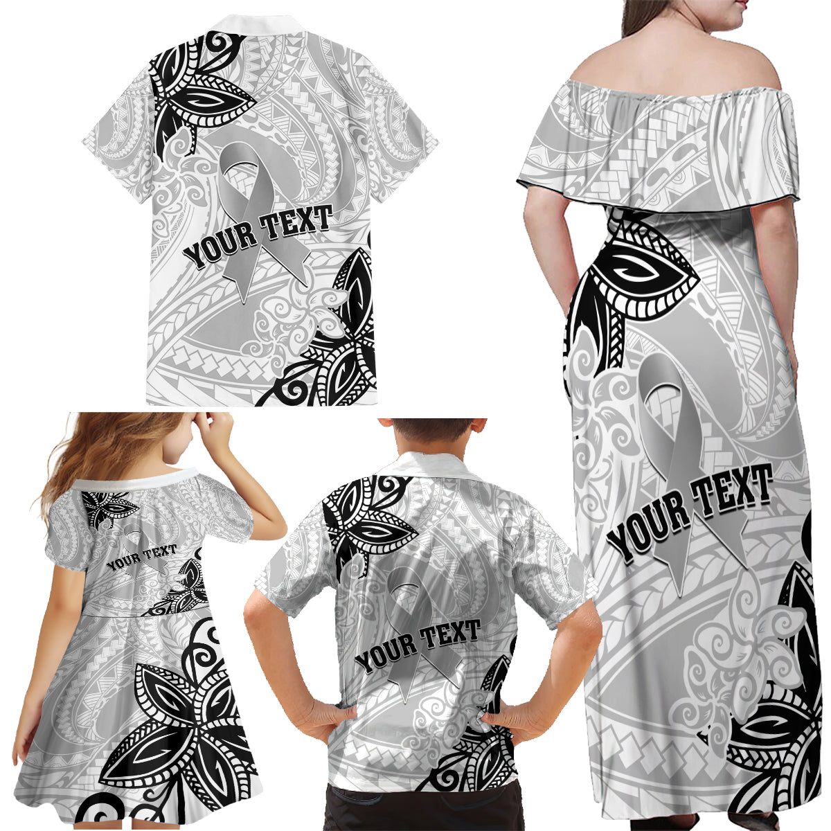 Personalised Polynesia Brain Cancer Family Matching Off Shoulder Maxi Dress and Hawaiian Shirt No One Fights Alone LT05 - Polynesian Pride