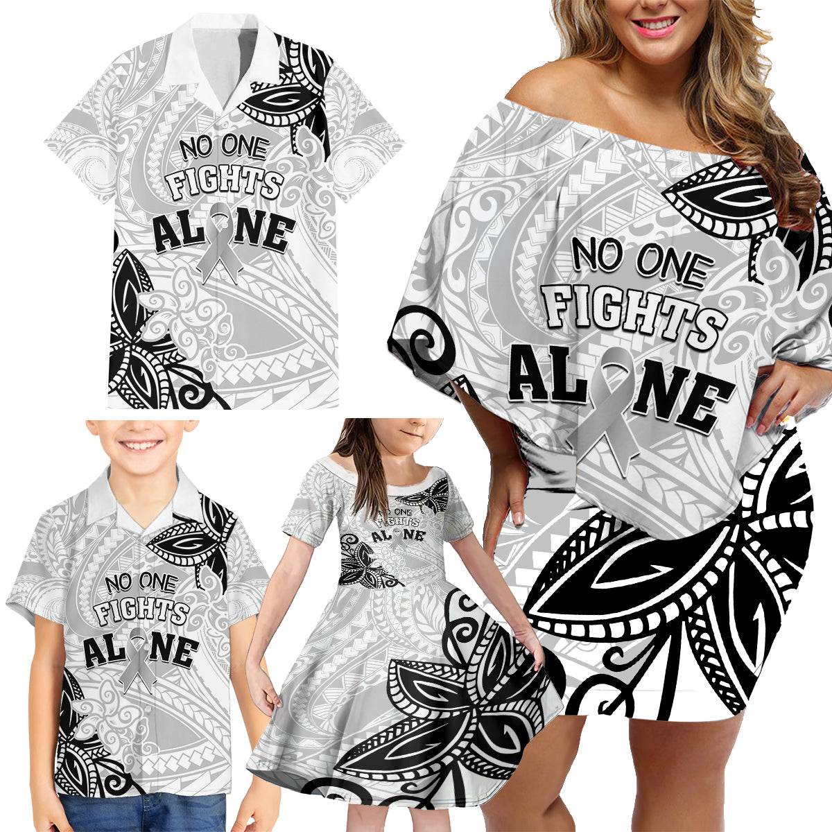 Personalised Polynesia Brain Cancer Family Matching Off Shoulder Short Dress and Hawaiian Shirt No One Fights Alone LT05 - Polynesian Pride