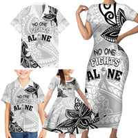 Personalised Polynesia Brain Cancer Family Matching Short Sleeve Bodycon Dress and Hawaiian Shirt No One Fights Alone LT05 - Polynesian Pride