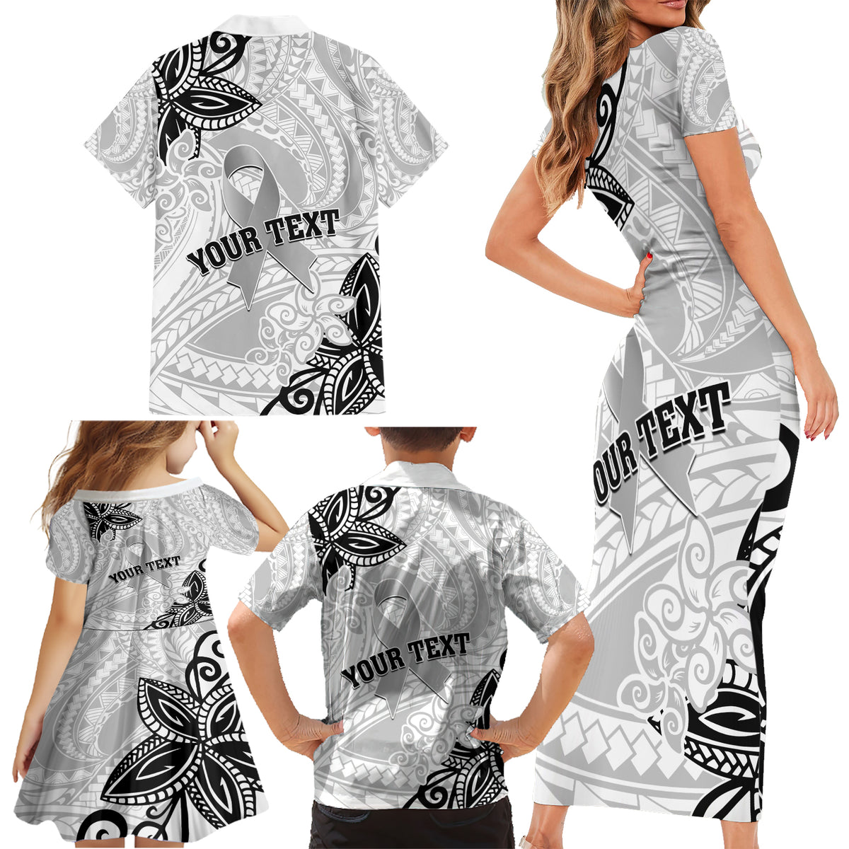 Personalised Polynesia Brain Cancer Family Matching Short Sleeve Bodycon Dress and Hawaiian Shirt No One Fights Alone LT05 - Polynesian Pride