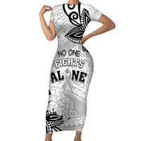 Personalised Polynesia Brain Cancer Family Matching Short Sleeve Bodycon Dress and Hawaiian Shirt No One Fights Alone LT05 Mom's Dress White - Polynesian Pride