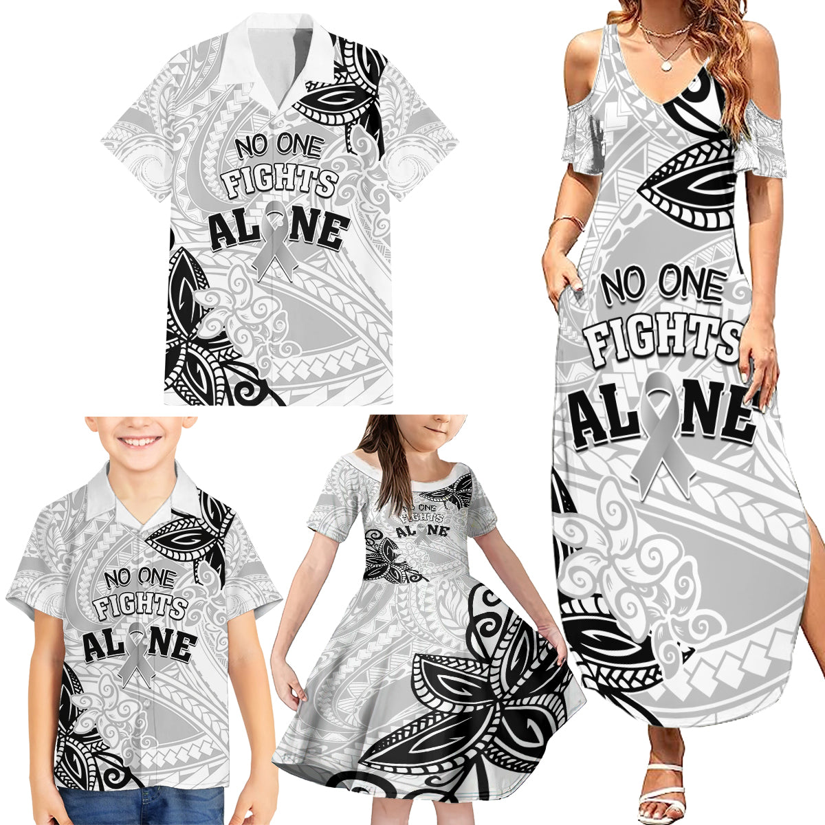 Personalised Polynesia Brain Cancer Family Matching Summer Maxi Dress and Hawaiian Shirt No One Fights Alone LT05 - Polynesian Pride