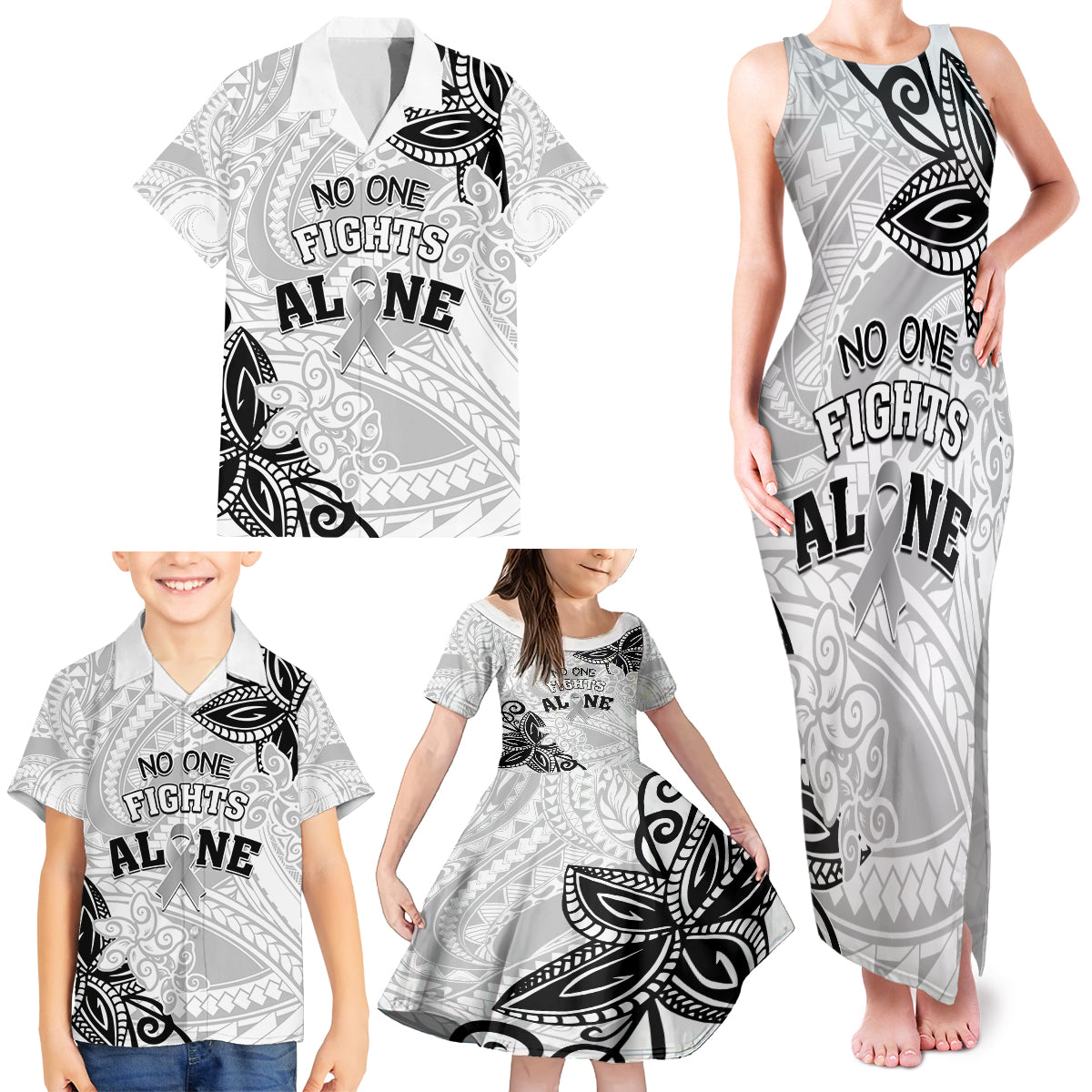 Personalised Polynesia Brain Cancer Family Matching Tank Maxi Dress and Hawaiian Shirt No One Fights Alone LT05 - Polynesian Pride