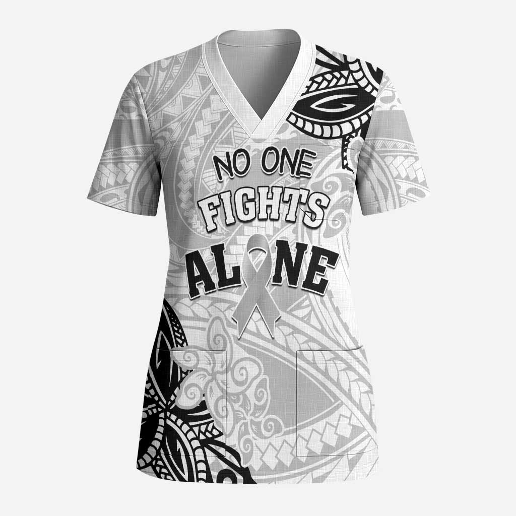 Personalised Polynesia Brain Cancer Scrub Top No One Fights Alone LT05 Adult White - Polynesian Pride