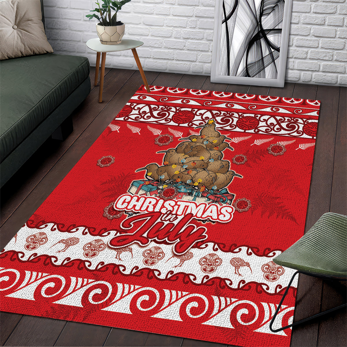 New Zealand Christmas In July Area Rug Maori Kiwi Xmas Tree - Red