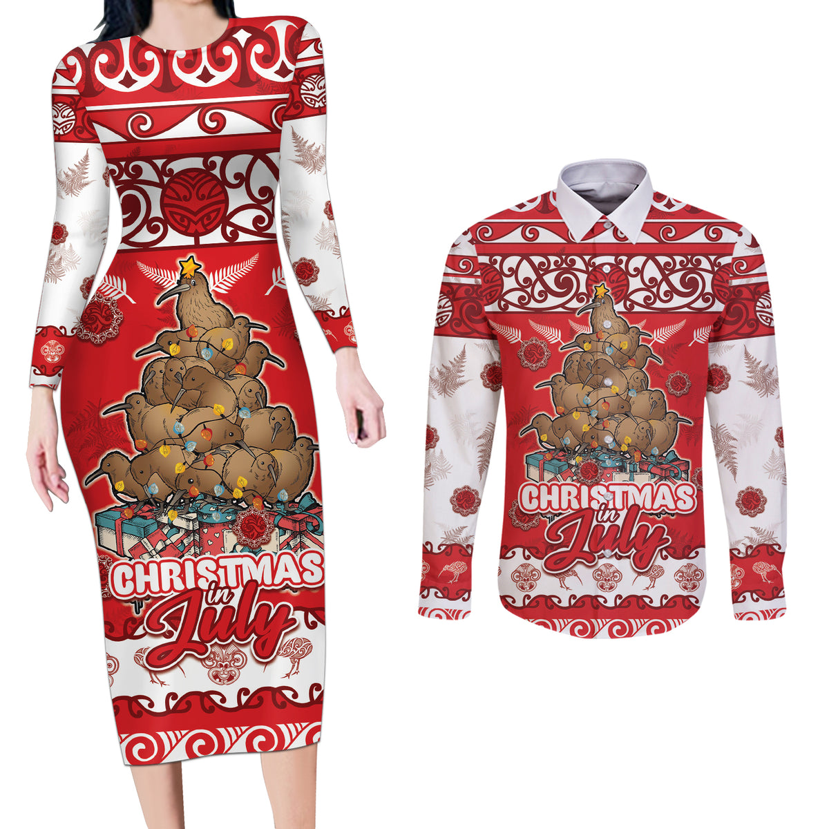 Personalised New Zealand Christmas In July Couples Matching Long Sleeve Bodycon Dress and Long Sleeve Button Shirt Maori Kiwi Xmas Tree - Red