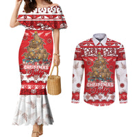 Personalised New Zealand Christmas In July Couples Matching Mermaid Dress and Long Sleeve Button Shirt Maori Kiwi Xmas Tree - Red