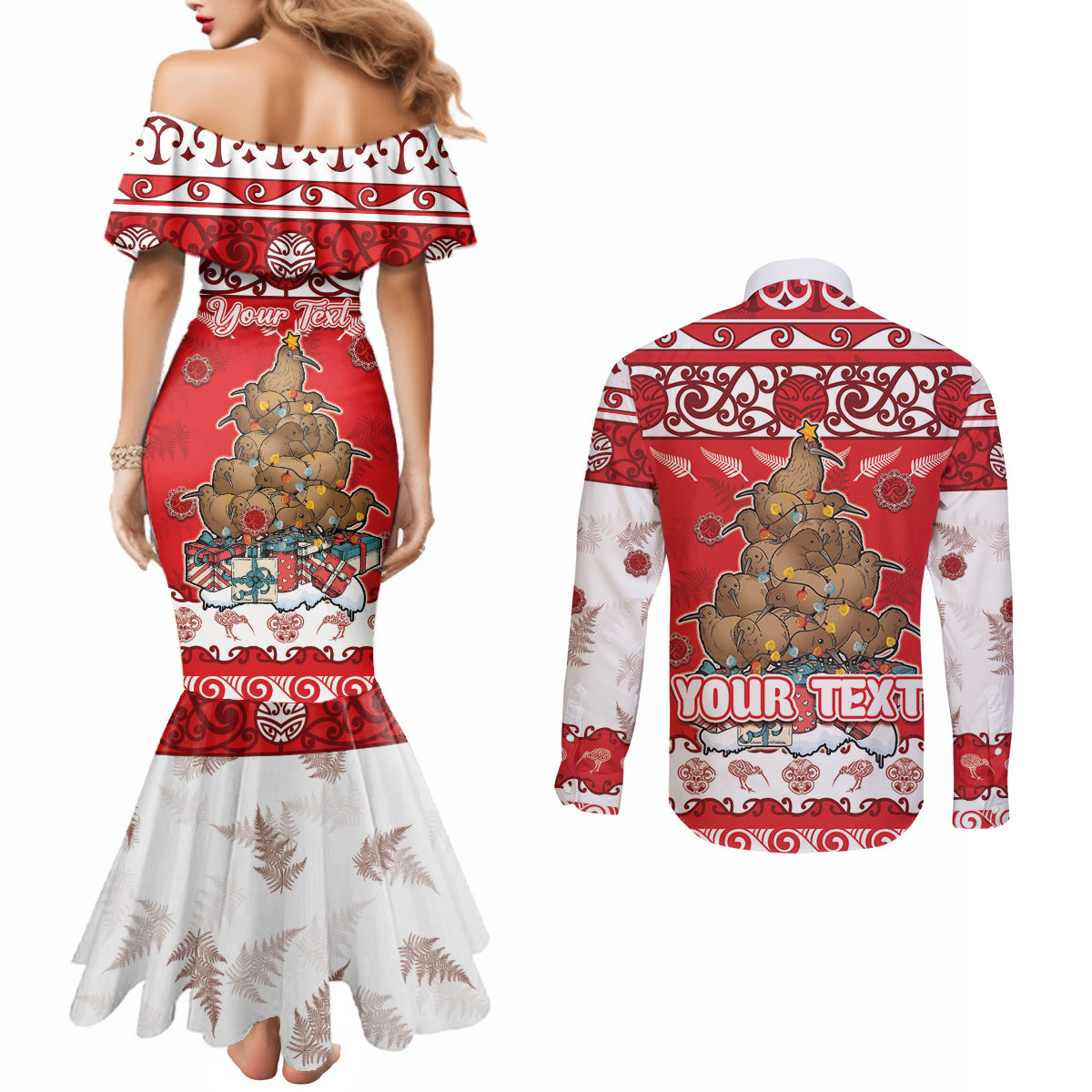 Personalised New Zealand Christmas In July Couples Matching Mermaid Dress and Long Sleeve Button Shirt Maori Kiwi Xmas Tree - Red