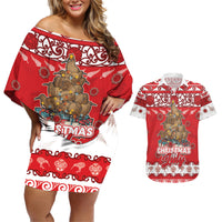 Personalised New Zealand Christmas In July Couples Matching Off Shoulder Short Dress and Hawaiian Shirt Maori Kiwi Xmas Tree - Red