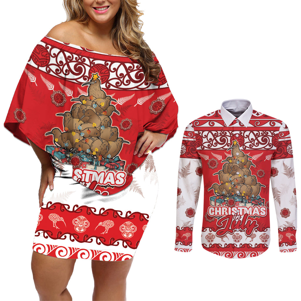 Personalised New Zealand Christmas In July Couples Matching Off Shoulder Short Dress and Long Sleeve Button Shirt Maori Kiwi Xmas Tree - Red