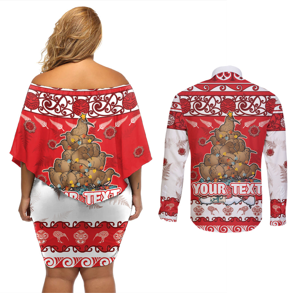 Personalised New Zealand Christmas In July Couples Matching Off Shoulder Short Dress and Long Sleeve Button Shirt Maori Kiwi Xmas Tree - Red