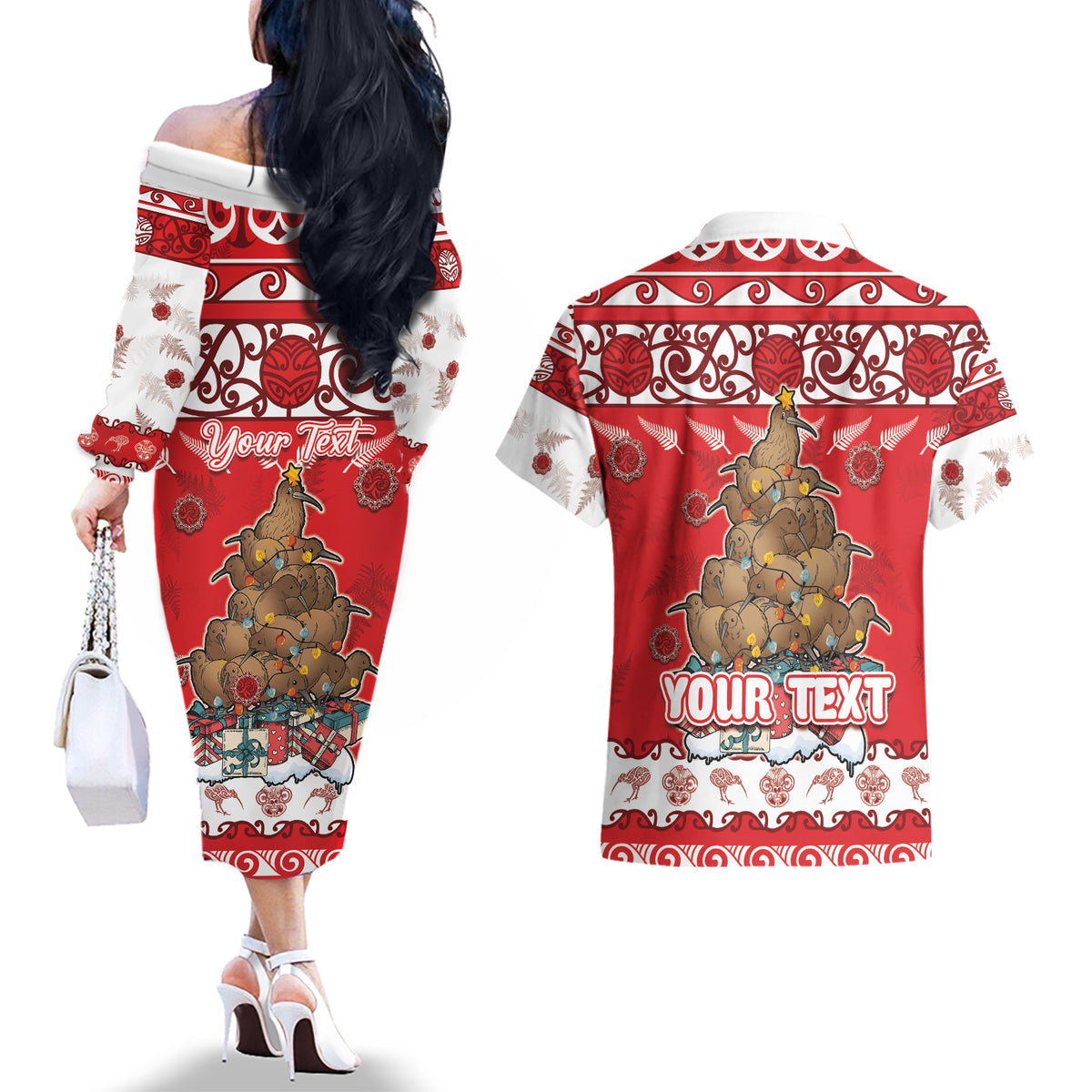 Personalised New Zealand Christmas In July Couples Matching Off The Shoulder Long Sleeve Dress and Hawaiian Shirt Maori Kiwi Xmas Tree - Red