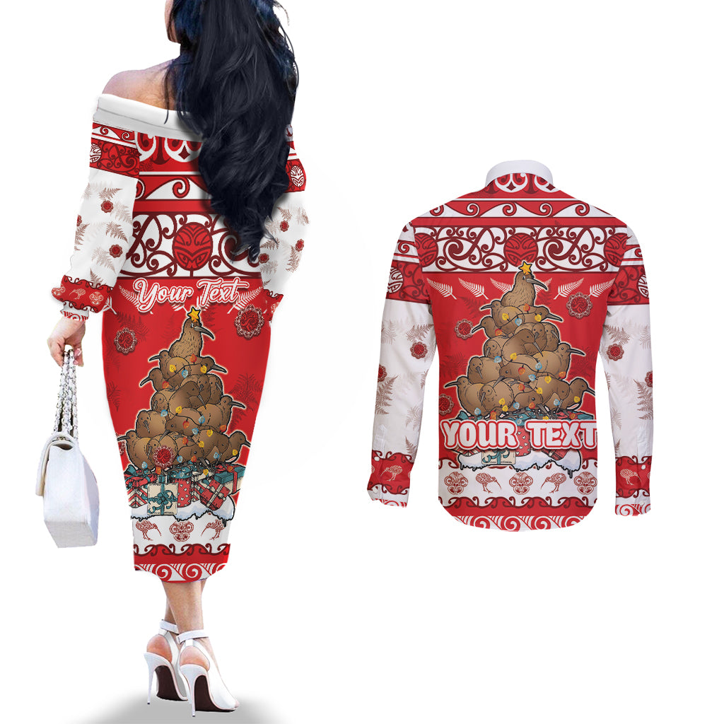 Personalised New Zealand Christmas In July Couples Matching Off The Shoulder Long Sleeve Dress and Long Sleeve Button Shirt Maori Kiwi Xmas Tree - Red