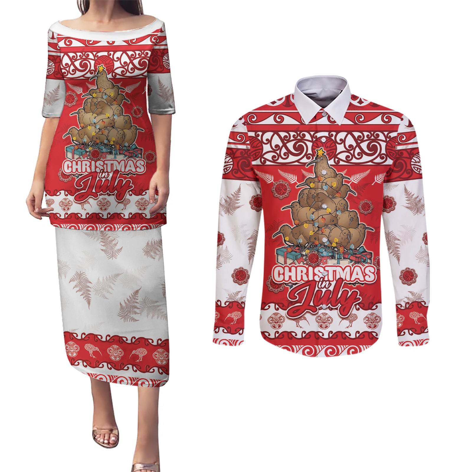 Personalised New Zealand Christmas In July Couples Matching Puletasi and Long Sleeve Button Shirt Maori Kiwi Xmas Tree - Red