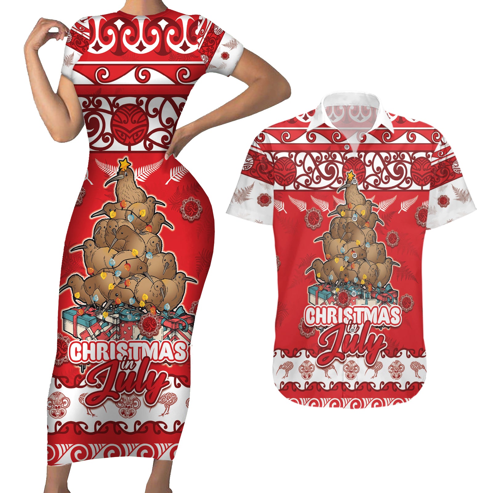 Personalised New Zealand Christmas In July Couples Matching Short Sleeve Bodycon Dress and Hawaiian Shirt Maori Kiwi Xmas Tree - Red