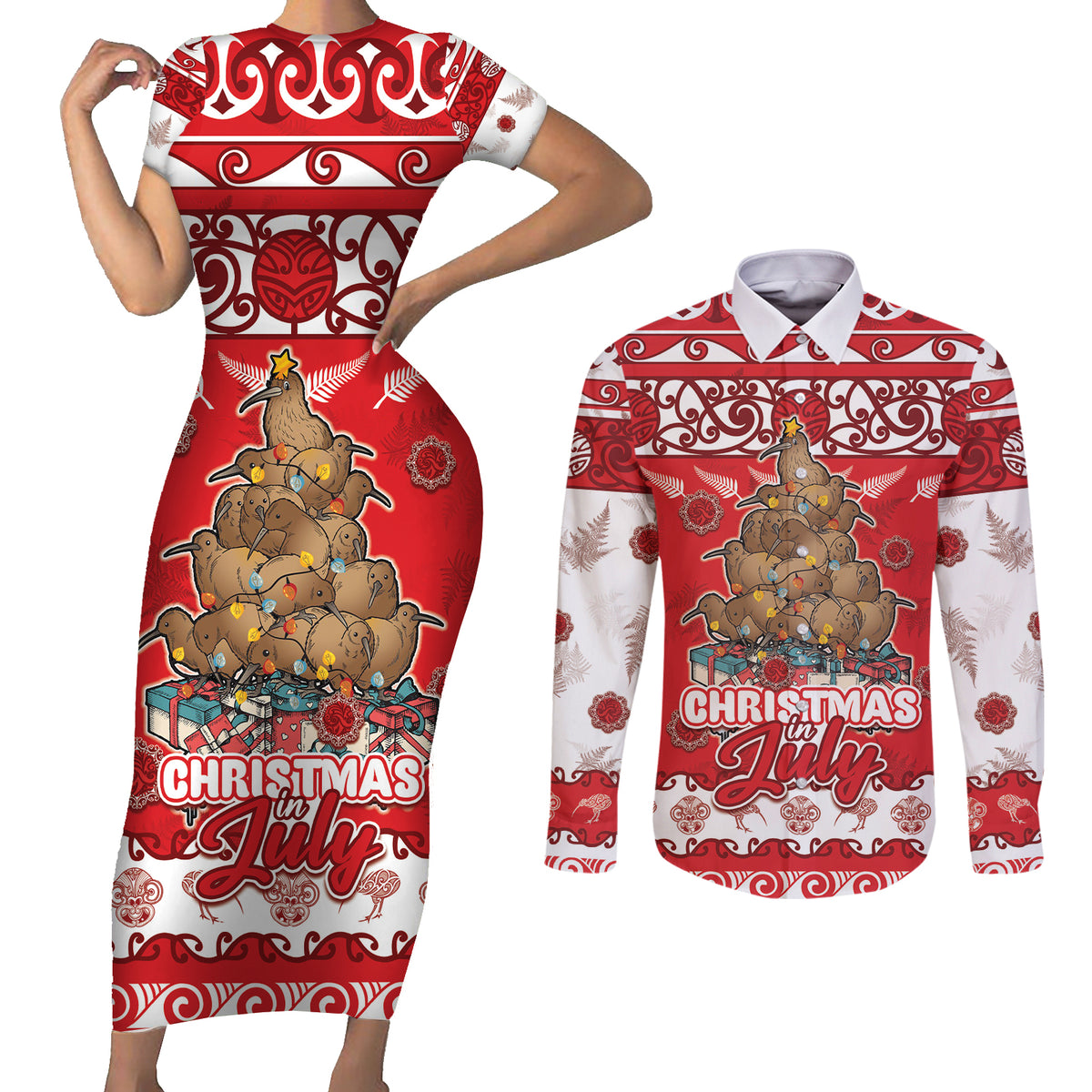 Personalised New Zealand Christmas In July Couples Matching Short Sleeve Bodycon Dress and Long Sleeve Button Shirt Maori Kiwi Xmas Tree - Red